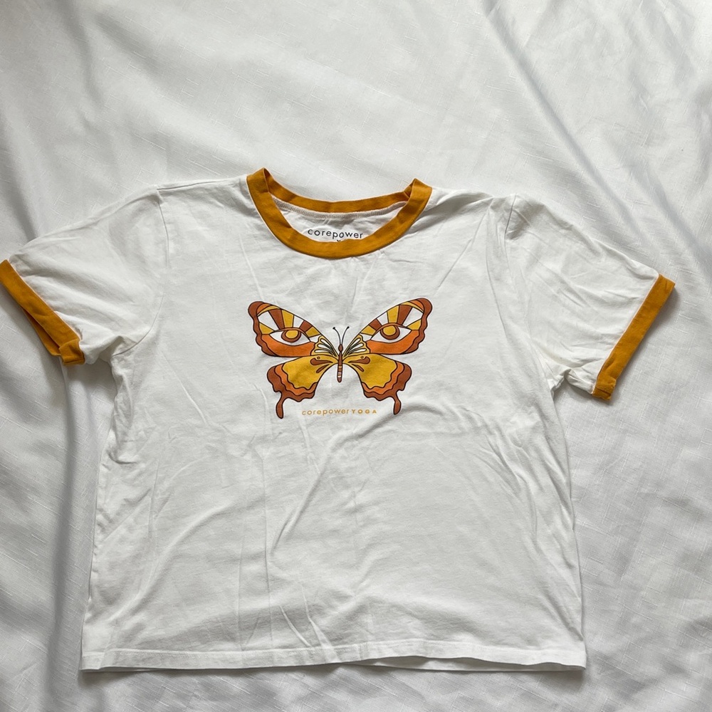 Core Power Women's White Tee with Orange Butterfly Print